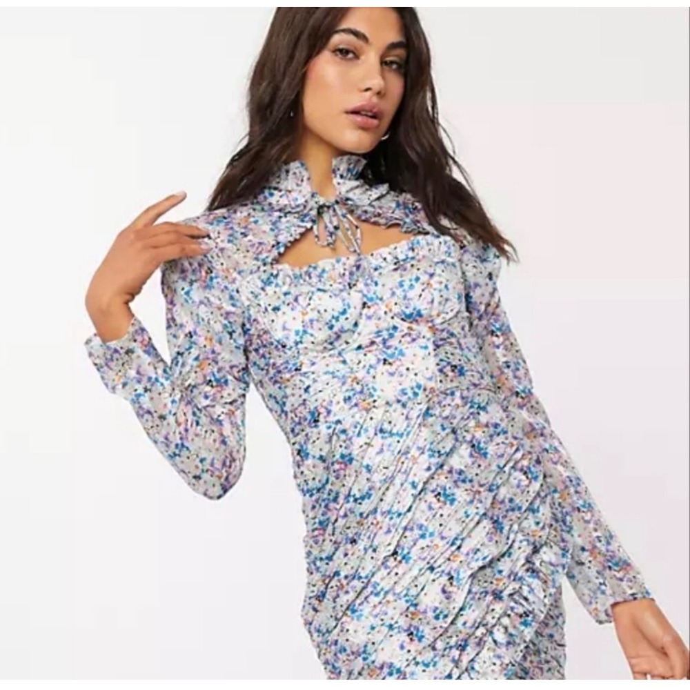 ASOS Bustier Structured Ditsy Blue Floral Print Ruffled Mini Tie Neck Dress 12